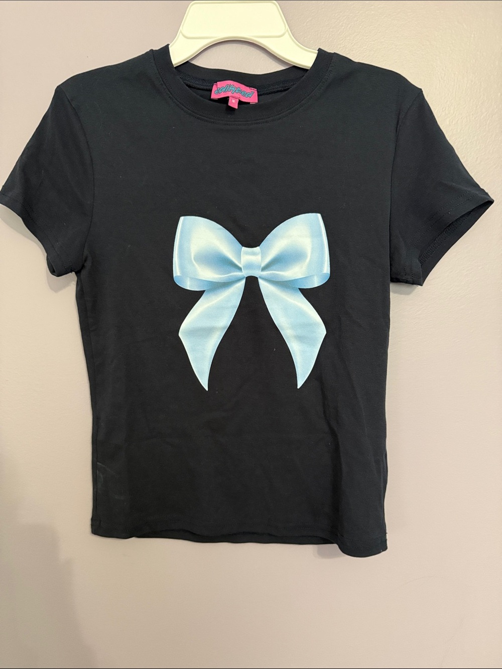 Edikted Black Short Sleeve Tee with Light Blue Bow Graphic